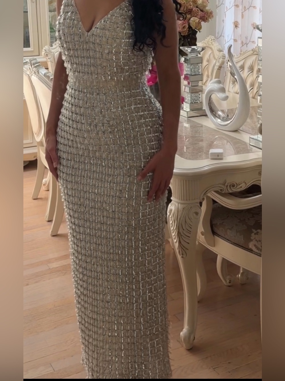 Mac Duggal Champagne Beaded Evening Gown Size 6